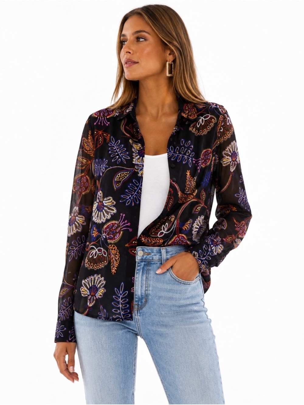 New🌺$168    Johnny Was Devin Ginnie Sheer Floral Print Button Down Blouse XL